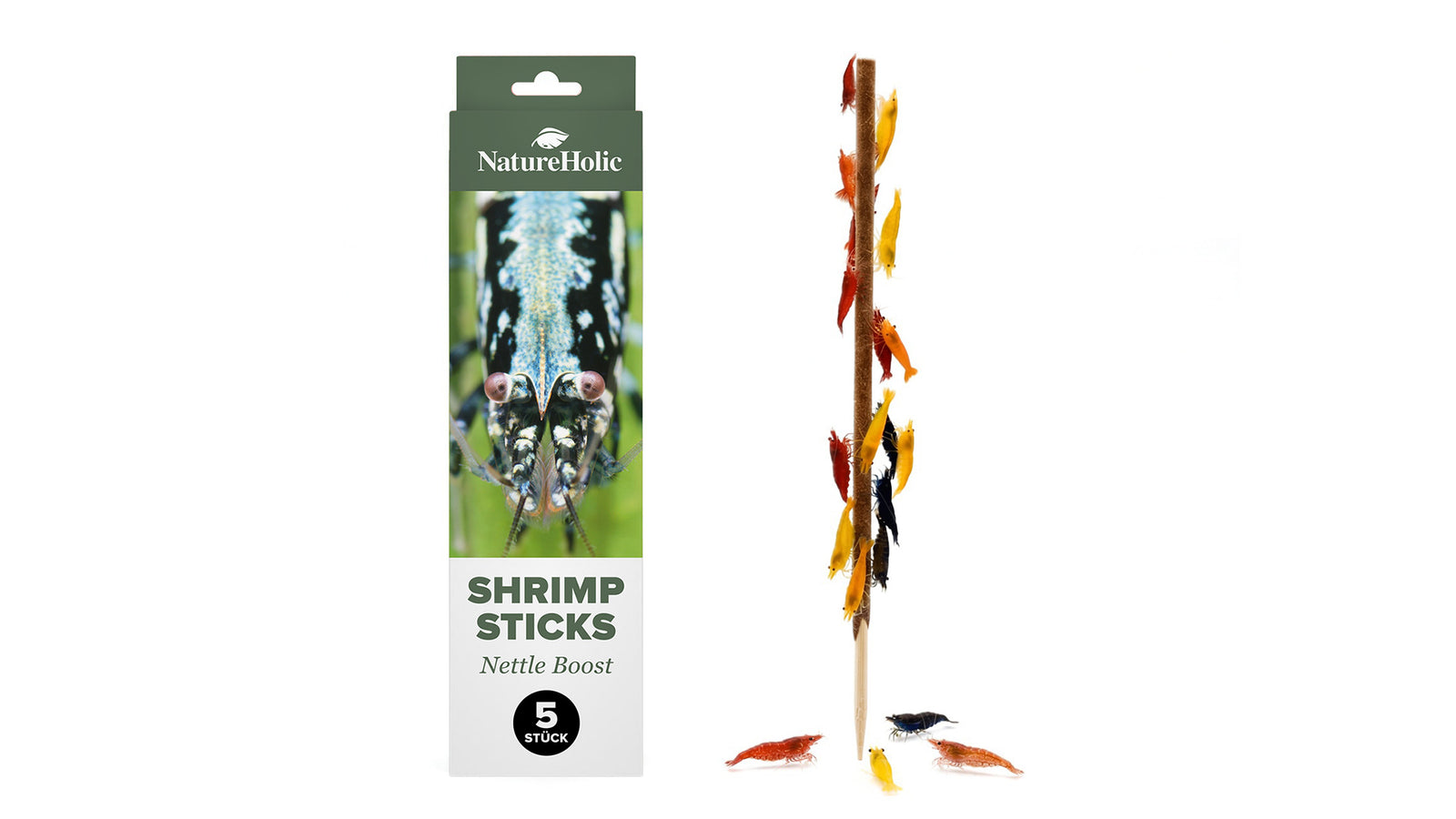 NatureHolic Garnelen Lollies Brennnessel Boost 5 Stück mit 24 Prozent Brennnesselpulver als Shrimp Sticks zum Stecken in den Bodengrund
