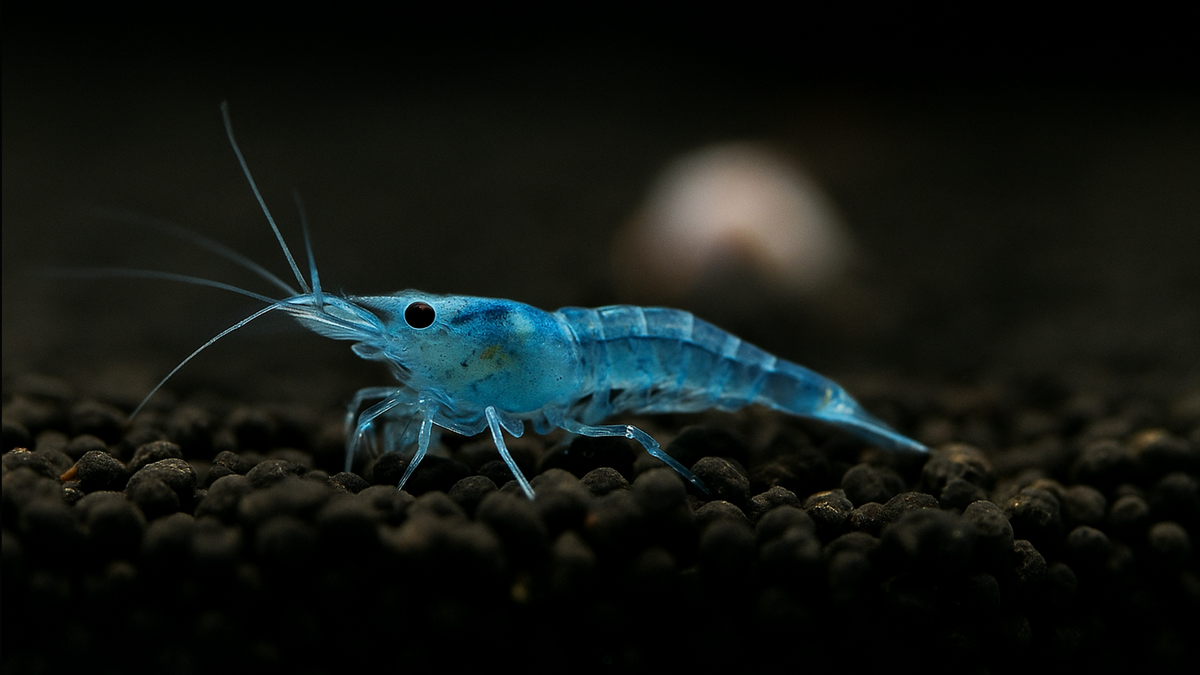 Nahaufnahme einer Blue Jelly Garnele im Wasser